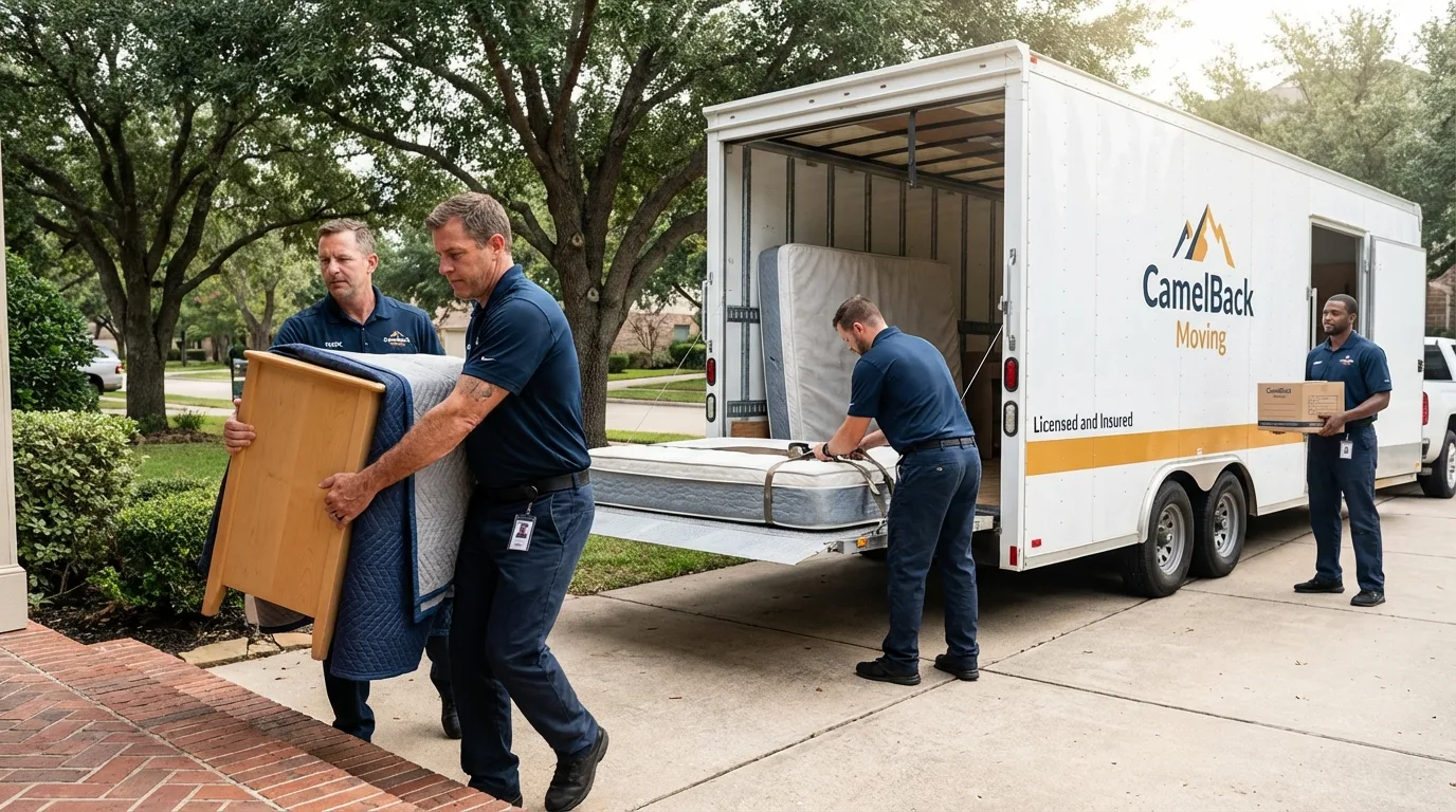 Crew loading residential truck for cross-state move from Mariposa, CA