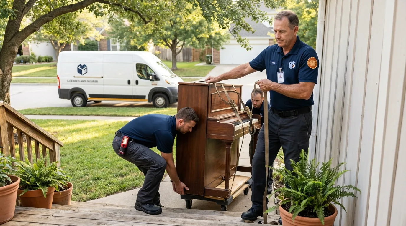 Licensed piano movers securing grand piano in Mariposa, CA