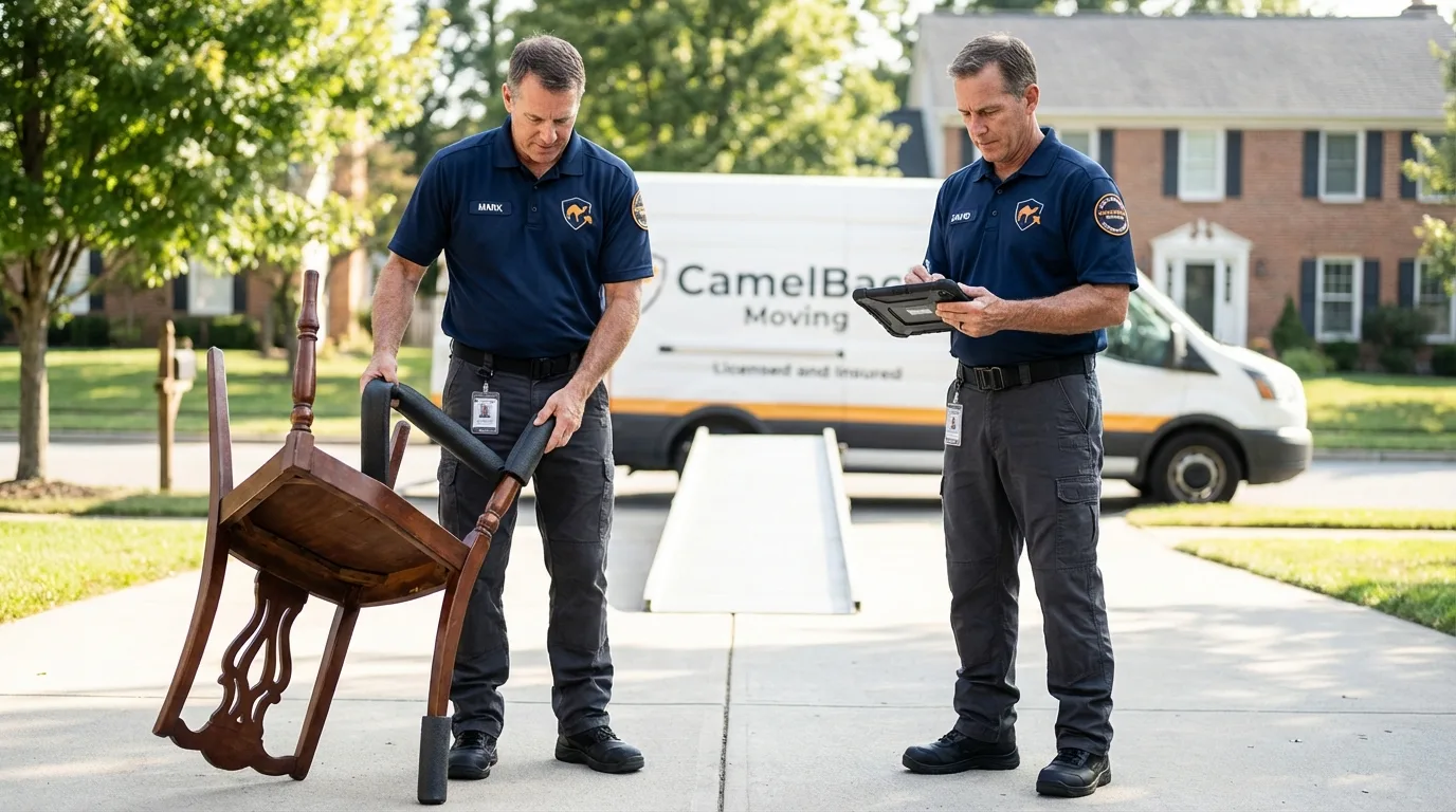 Movers inspecting furniture for damage prevention before loading in Mariposa, CA