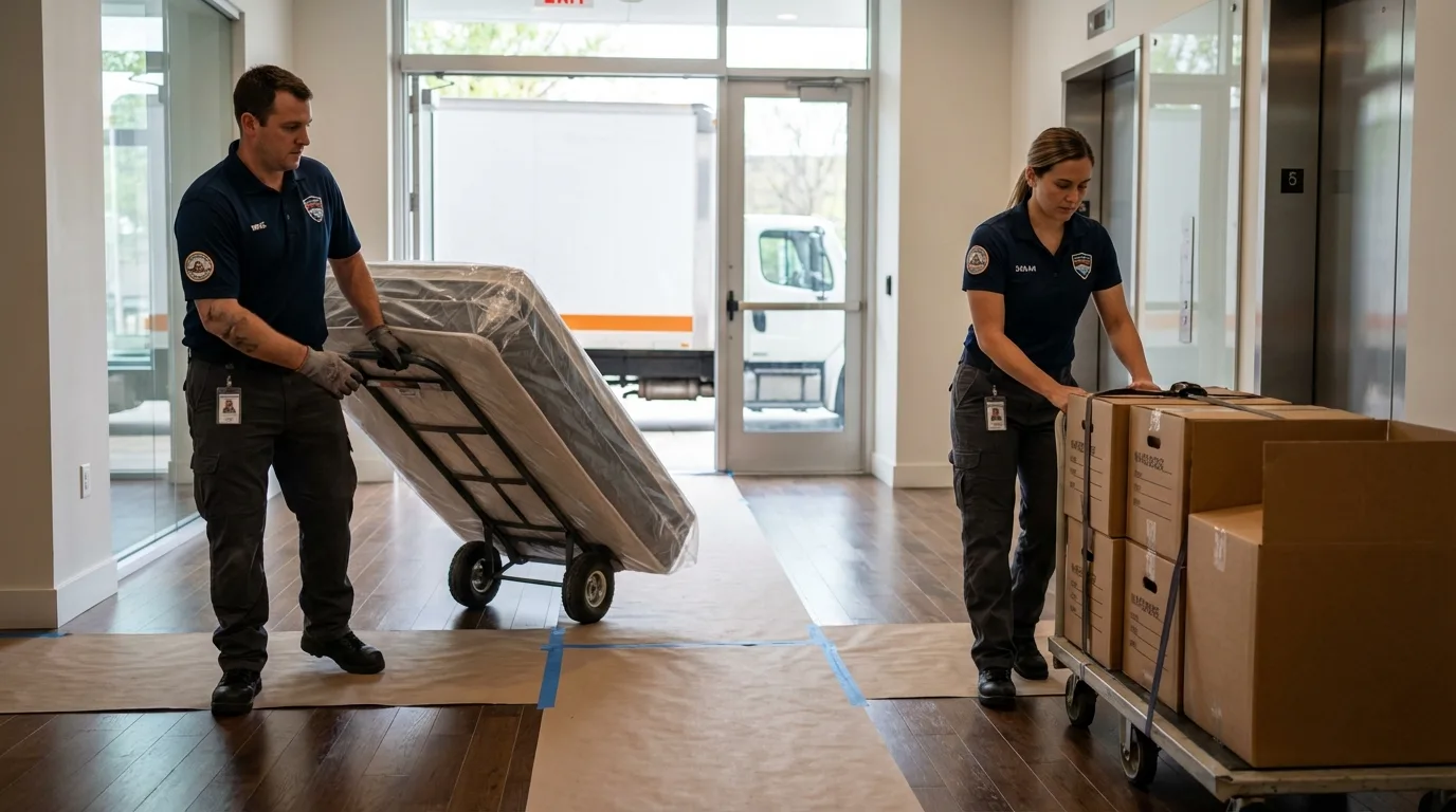 Professional apartment movers loading elevator in Mariposa, CA